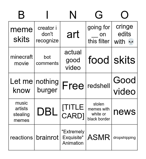 YT Shorts Bingo Card