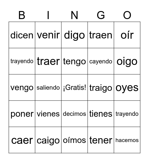 "Go-Verbs" - Español II Bingo Card