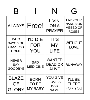 ALL SONGS BON JOVI Bingo Card