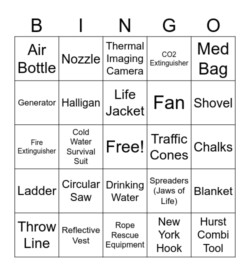 Equipment Bingo Card
