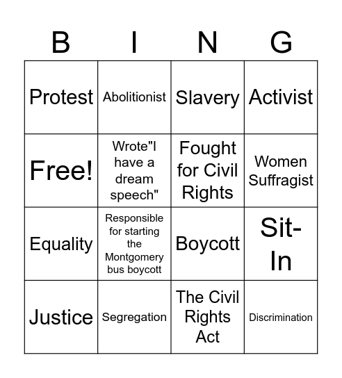 Civil Rights Bingo Card