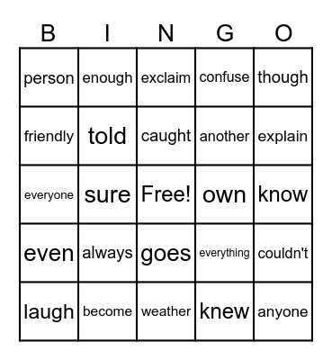 Third Grade High Frequency Words Bingo Card