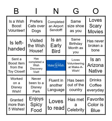 Make-A-Wish Arizona Volunteer Bingo Card