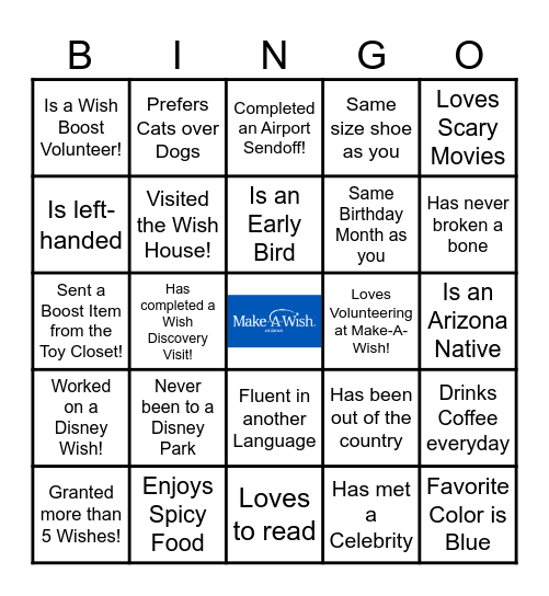 Make-A-Wish Arizona Volunteer Bingo Card