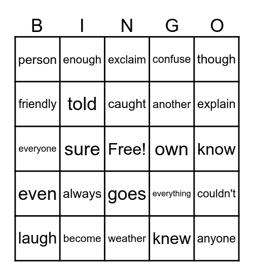 Third Grade High Frequency Words Bingo Card