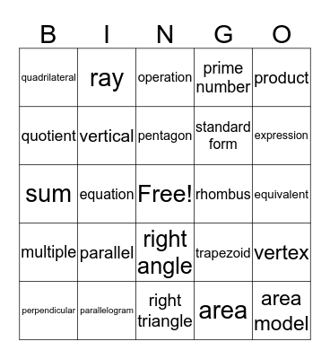 Math Vocabulary Bingo Card