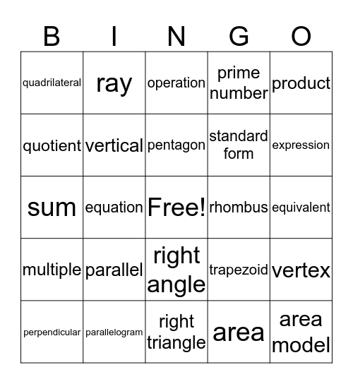 Math Vocabulary Bingo Card