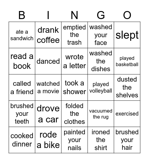 Past Tense Bingo Card