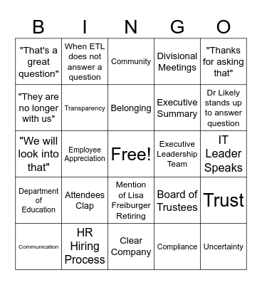 ETL Bingo Card