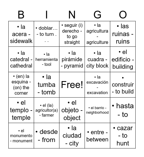 Avancemos 2 4.2 Bingo Card