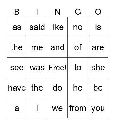Heart Word Bingo Card