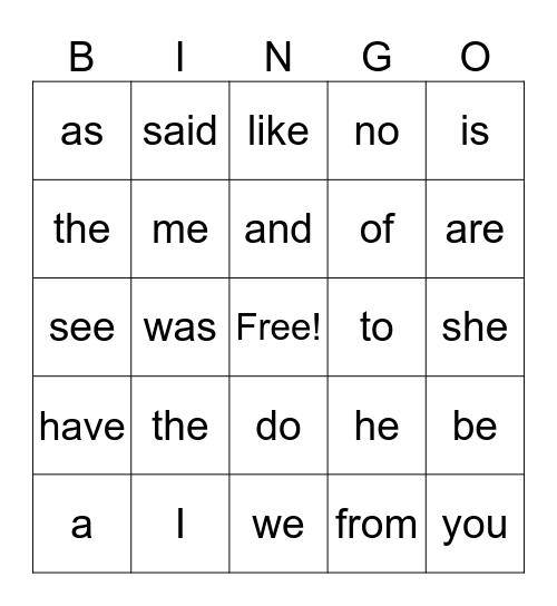 Heart Word Bingo Card
