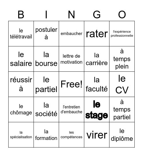 Vocabulaire! Bingo Card