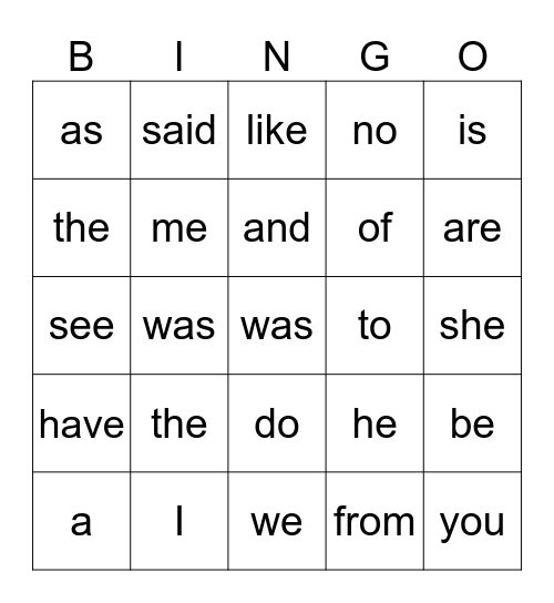 Heart Word Bingo Card