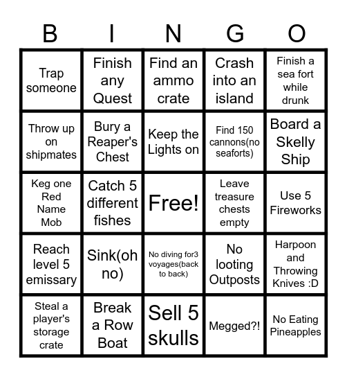Sea of Thieves Panic Attack Bingo Card