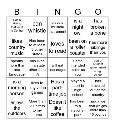Central Orientation Bingo Card
