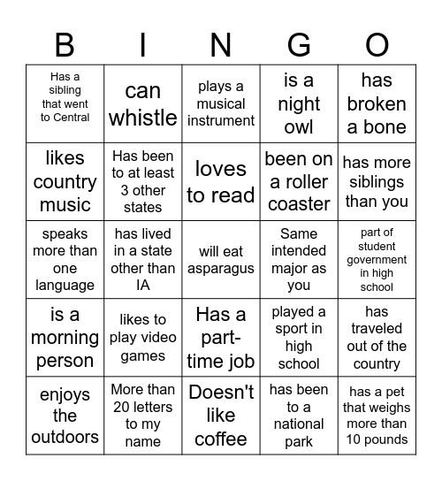 Central Orientation Bingo Card
