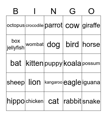 Animals Bingo Card
