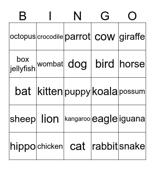 Animals Bingo Card