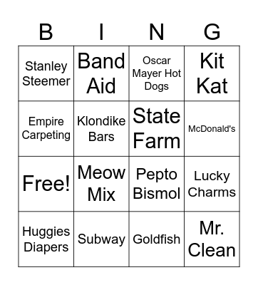 Commercial Jingles Bingo Card