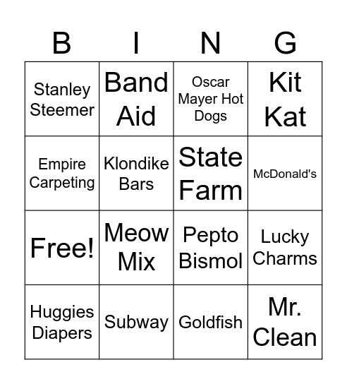 Commercial Jingles Bingo Card