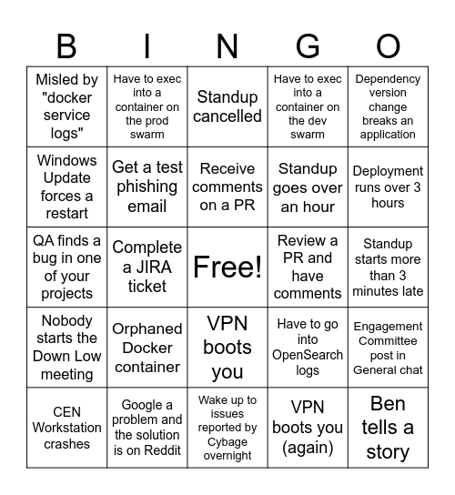 Central Services Bingo Card