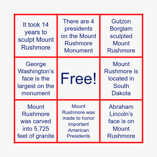 Mount Rushmore Bingo Card