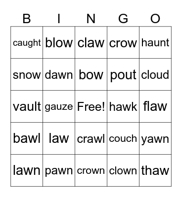 au/aw and ou/ow Bingo Card
