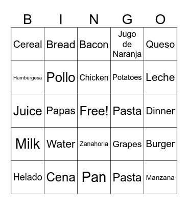 Learning Spanish Food! Bingo Card