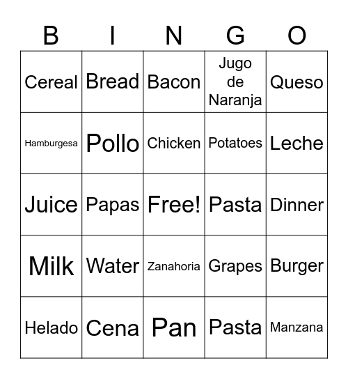Learning Spanish Food! Bingo Card