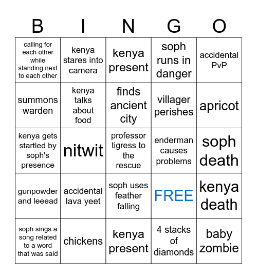 Soph & Kenya Play Minecwaft Bingo Card