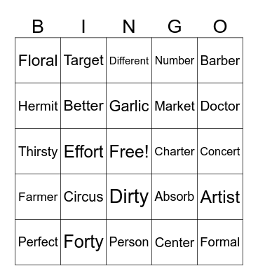 r-Controlled Vowel Syllables Bingo Card