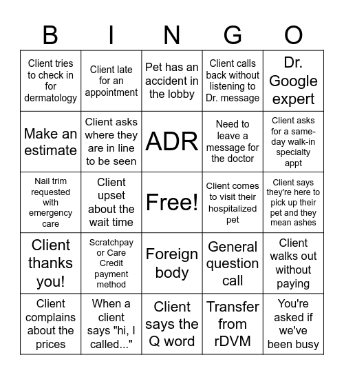 Veterinary Receptionist Bingo Card