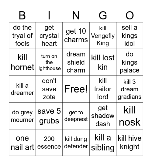 hollow knight Bingo Card