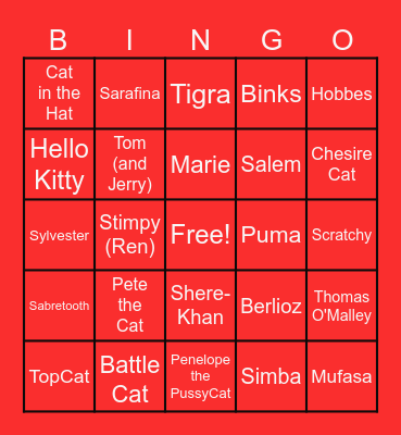 Fictional Kitty Cat Bingo Card