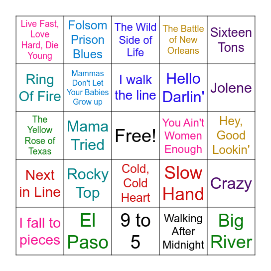 Country Music Bingo Card