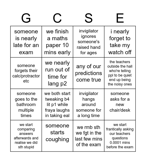 GCSE Bingo Card