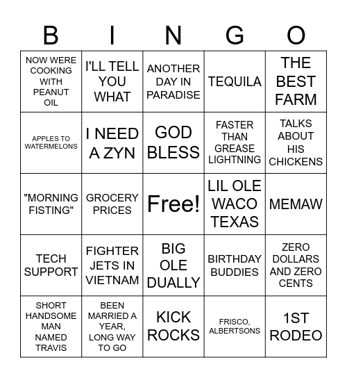 TRAVIS SAYINGS Bingo Card