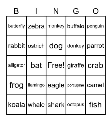 Animal Bingo Card