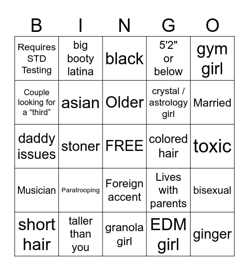 Types of Girls You've Dated Bingo Card