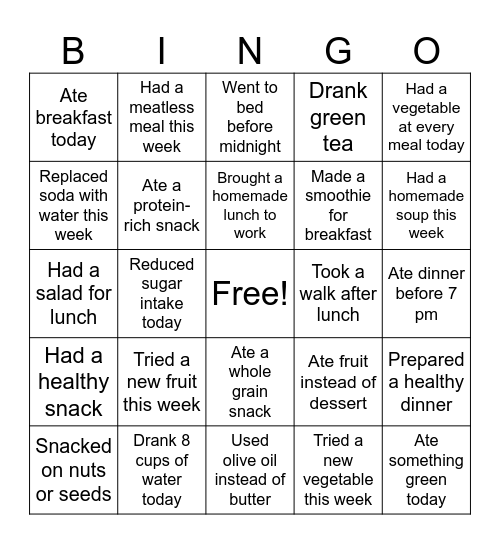 Health and Nutrition (Promoting a Healthier Workforce through Nutrition) Bingo Card