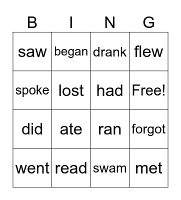 Irregular verbs Bingo Card