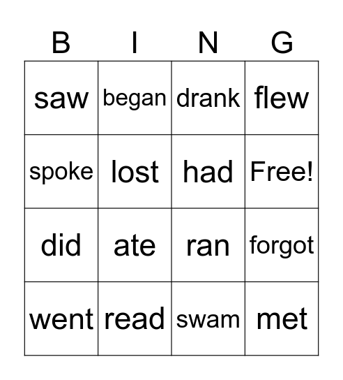 Irregular verbs Bingo Card
