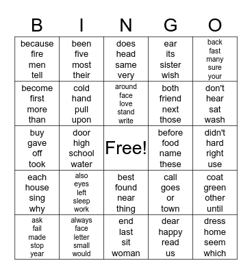 2nd Grade Bingo Card