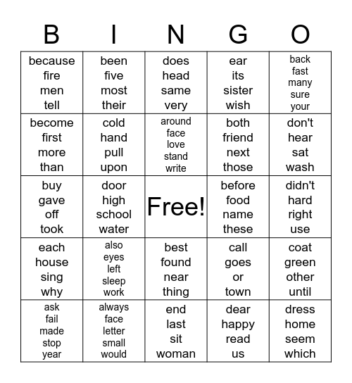 2nd Grade Bingo Card