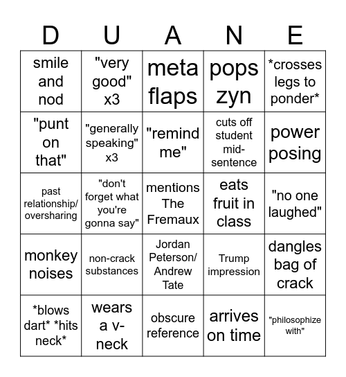 Duane Bingo Card