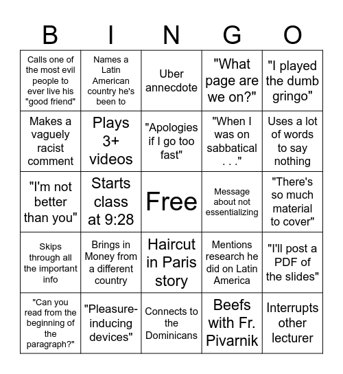 Fr. David-isms Bingo Card
