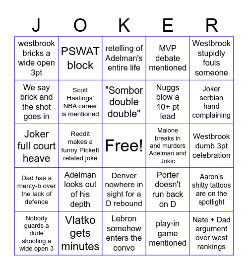 DENVER NUGGETS BINGO Card