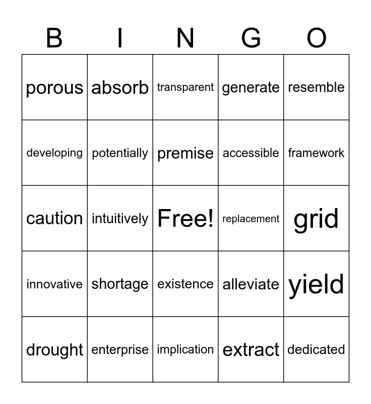 Unit 4 Vocabulary Bingo Card
