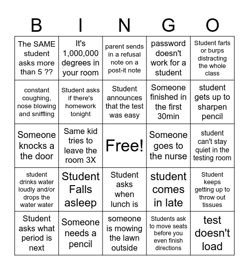 Exam Proctoring Bingo Card